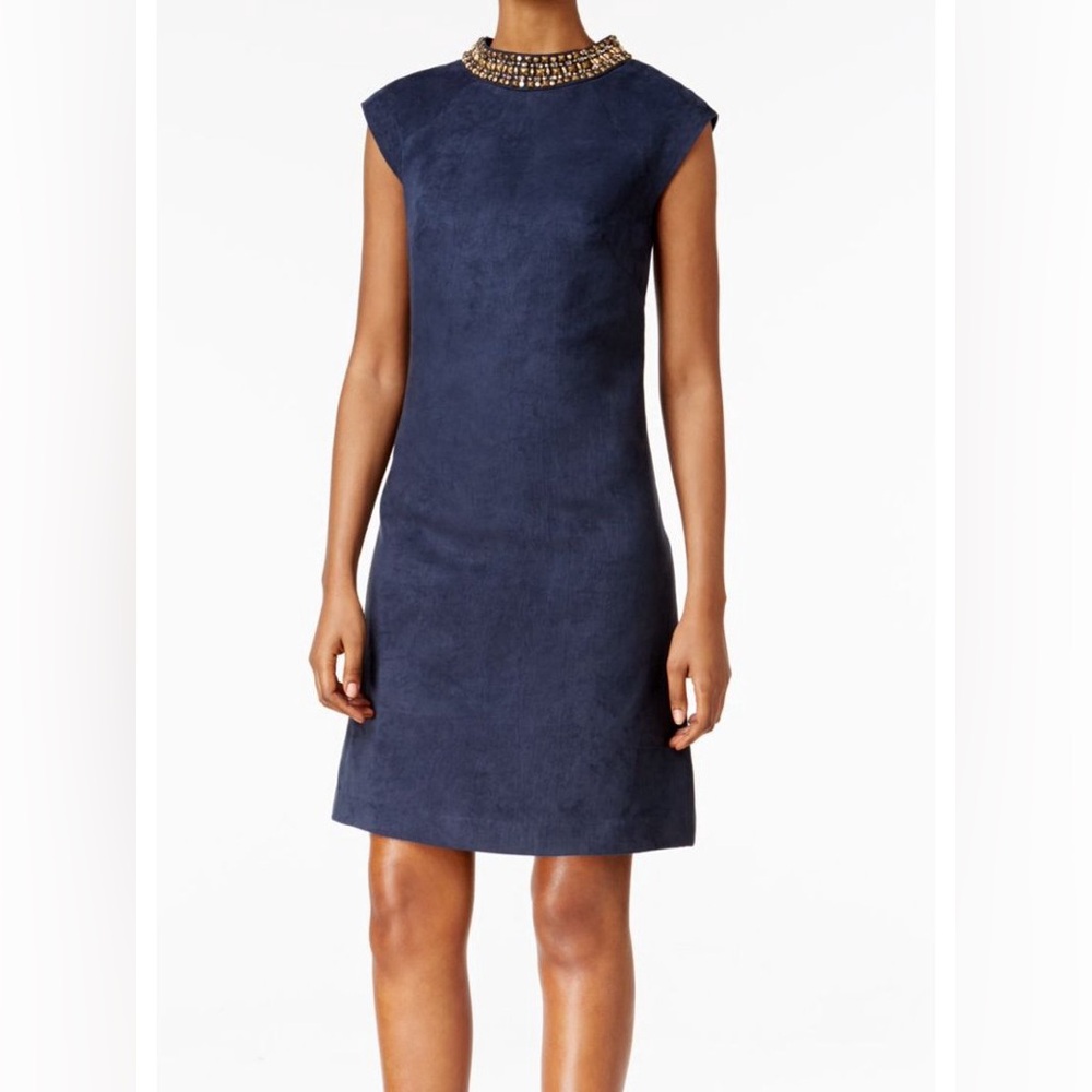 Vince Camuto navy suede, embellishment, mock neck